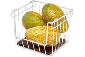 INTERDESIGN iDesign Organizer cucina con apertura frontale in metallo e legno d'acacia, Porta frutta da tavolo con manici, Organizer cucina salvaspazio per la credenza, bianco e naturale