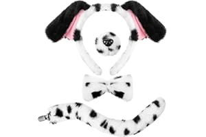 SATINIOR Kostüm Set Tierkostüm Set Ohr Stirnband Künstliche Nase Fliege und Schwanz Kinder Erwachsene Kostümzubehör für Karneval Halloween Cosplay(Schwarz,Dalmatiner)