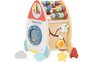 GLEAMKID Montessori-motorikwürfel aus Holz für 1jahr, Baby holzspielzeug, Bewegliches 7 in 1 Lernspielzeug für Kleinkinder mit Abakus, Formpuzzle, Uhr, Labyrinth,mehr, Geschenk Activity würfel für Babys