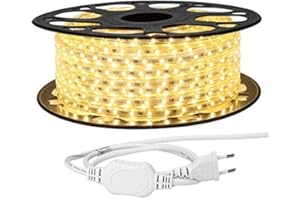 081 Store - STRISCIA LED 220V LUCE GIALLA 20 METRI STRIP LED ESTERNO ED INTERNO FLESSIBILE STRIP LED SMD 5050 DA ESTERNO LUCE CALDA + 5 SPINE 220V [Classe di efficienza energetica A]