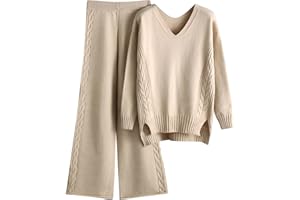 XTBFOOJ Completi da Donna In 2 Pezzi Lavorati a Maglia Top A Maniche Lunghe con Spacco con Bottoni a Metà Autunno Larghi Lavorati a Maglia per Il Tempo Libero Polsino Elastico Set con Pantaloni