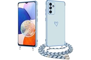 E-Lush Handykette für Samsung Galaxy A14 5G / 4G Hülle mit Band, Handyhülle für Samsung A14 mit Kette Schutzhülle Herz Love Muster Galvanik Silikon Stossfest Case mit Kordel zum Umhängen, Blau