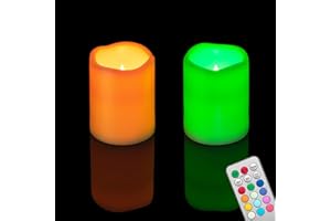 CANDLE IDEA 2 velas LED multicolor sin llama de 4 pulgadas con temporizador remoto, funciona con pilas, velas falsas LED de plástico parpadeante para Halloween, calabaza, farol de luz de Navidad, decoración de