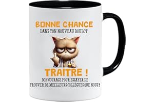 JUNGLE MUG Mug collègue | Cadeau Drôle de Départ pour Collègue | "Bonne Chance Traître!" – Mug Humour Noir | Tasse Cadeau Départ Bureau | Compatible Lave-Vaisselle et Micro-Ondes (Noir)