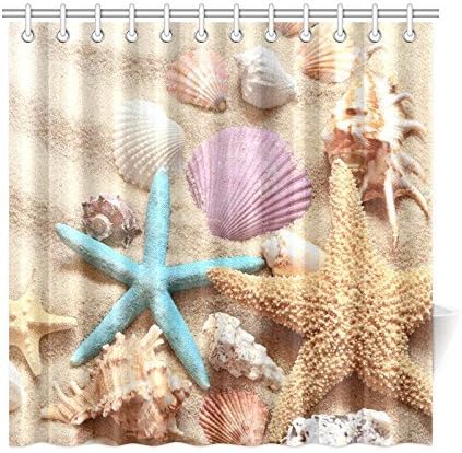 Minsoku Summer Beach Home Decor, Seashell Starfish Sand Polyester Fabric Shower Curtain Bathroom Sets 72 X 72 Inches