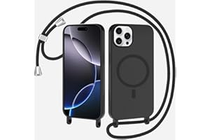 SLWYF Magnetische Handykette für iPhone 16 Pro Hülle mit Band, Handyhülle Kompatibel mit MagSafe, Silikon Seil Necklace Handyhülle PU Stoßfest mit Abnehmbar Kordel zum Umhängen Case - Schwarz