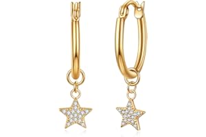 E Jewelry Women 14K Gold Plated Huggie Hoop Earrings with Moon/Star/Ball/Heart Charms, with Cubic Zirconia & Opal Dangle Drop Earrings, Jewelry Gift for Women Girls