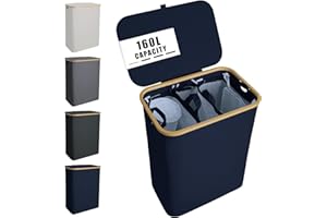 NOSTHEART Panier à Linge 3 Compartiments 160L Corbeille à Linge Pliable avec Couvercle & Bambou Poignée, Panier à Linge Sale pour Sale Vêtements, XXL Bleu Marine