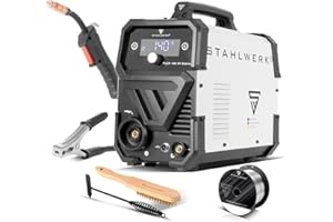 STAHLWERK Schweißgerät Mini FLUX 140 ST Digital – Fülldrahtschweißen (FLUX) ohne Schutzgas bis 140 A, kompakt, synergischer Drahtvorschub, integriertes LED-Licht, Lift-TIG- und MMA/ARC-Funktion