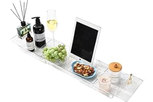 Koelaa Bandeja para Bañera Acrílica Extensible - Estante Ajustable para Bañera para Copa de Vino, Velas, Libros y Productos de Baño - Organizador de Baño Resistente al Agua - Transparente