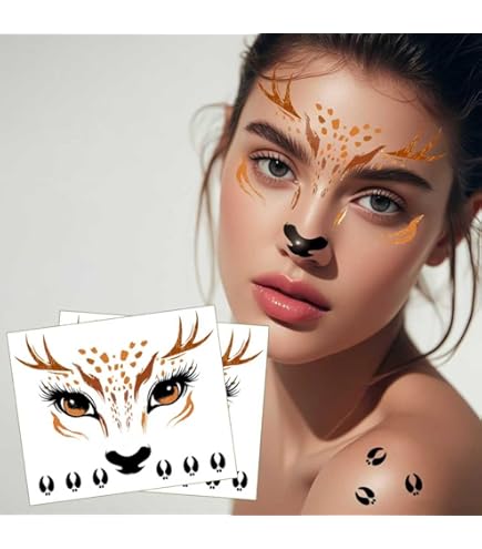 2 Stück Reh Gesichtstattoo Karneval - Glitzer Rentier Face Tattoos Für Damen & Kinder Fasching