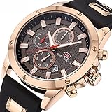 Herren Chronograph Analog Quarzuhr Rose Gold getönten Fall Kautschukband wasserdicht Sport Armbanduhren