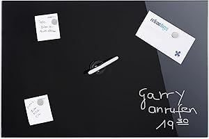 Relaxdays 10022749_798 Tableau magnétique 80 x 50 cm, panneau d’affichage, pense-bête, 3 aimants, verre, noir, 50 x 80 cm