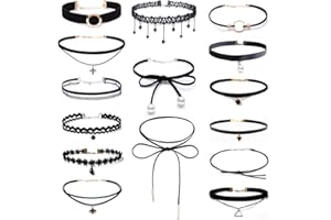 CETORNIE Collier Ras du Cou,15 Pièces Colliers Tour de Cou Noir,Choker Velour Femmes Filles,Collier Ras Du Cou Fantaisie,Gothique Choker de Tatouage Dentelle