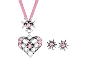APMGONT 3 Stück Bayerisch Dirndlschmuck Set für Damen, Trachtenkette mit Strass Edelweiß Herz Anhänger Edelweiß Ohrstecker Trachtenschmuck Set für Oktoberfest Bierfest Dirndl