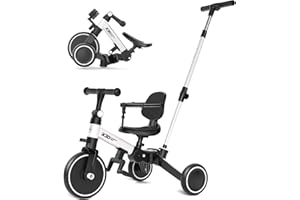 XJD 6 in 1 Kids Trike, Foldable Toddler Tricycle for 1 2 3 4 Year Old with Adjustable Push Handle, Balance Bike with Removable Backrest and Safety Belt, Baby Push Trike First Bike for Gift