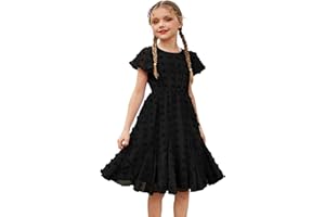 Flypigs Vestito da Ragazza per Ragazze Swiss DOT Ruffle Manica Corta Twirly Abiti Carini per Bambini di 9-10 Anni Nero