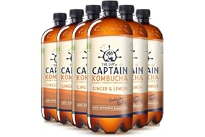 Captain Kombucha – Bebida Probiótica Naturalmente Fermentada, Sin Aditivos ni Conservantes, Sin Colorantes ni Sabores Artificiales, Sin Pasteurizar, Vegan - 6 x 1000ml (Ginger Lemon)