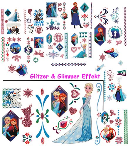 XL Set: Haut Tattoo - GLITZER & GLIMMER - " Disney die Eiskönigin - Frozen " - Mädchen & Jungen - für Kinder - Tattoos Hauttattoo - völlig unverfroren Prinzessin Elsa Anna Arendelle - Olaf - Kindertattoo - Aufkleber Sticker - Erwachsene - Kindertattoos - Tattoos - Hauttattoos - Sticker & Aufkleber