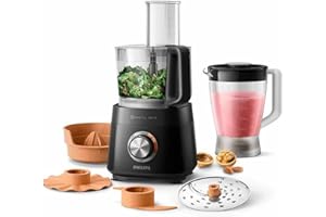 ‎PHILIPS DOMESTIC APPLIANCES Philips Viva Collection Kompakte Küchenmaschine - Kompakt, 800W Motor, 29 Funktionen, PowerChop, 2-in-1 Scheibe, Zitruspresse, Einfacher Zusammenbau, 1,5L Schüssel (HR751010)