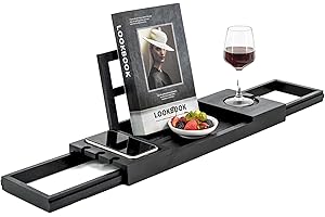 Utoplike Vassoio per vasca da bagno in bambù, tavolino da bagno nero per vasca, organizer da bagno regolabile con porta libri, tablet, bicchieri da vino, bicchieri, asciugamani, regalo distintivo per