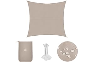 Sekey Sonnensegel Wasserdicht 3x3m Quadratisch PES Polyester, Sonnenschutz 95% UV Schutz Windschutz Reißfest Wetterfest, für Balkon Garten, mit Ösen und Befestigungsseile, Taupe