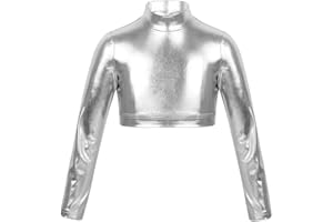 Freebily Maglietta Maniche Lunghe Bambina Schiena Scoperta Collo Alto Lucido Metallico T-Shirt Estivo Crop Top Sportivo Danza Jazz Spettacolo 5-14 Anni