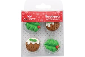 Culpitt Holly & Christmas Pudding Sugar Decorations, Edible Royal Icing Decorations, Multi-Coloured Green Festive Cake and Cupcake Toppers, Pack of 12