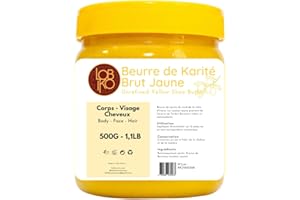 LOBIKO Beurre de karité Jaune pur 500g - 100% naturel non raffiné - Aux Racines de borututu - beurre végétal protecteur UV - tout type de peau -hydratant corps visage cheveux - Riche en vitamines Vegan