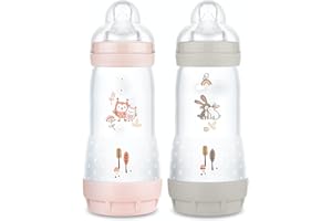 MAM Lot de 2 biberons Easy Start Anti-Colique (320 ml), biberon bébé idéal pour l'allaitement mixte, tétine débit 3, base aérée anti-colique, Blush & Dune