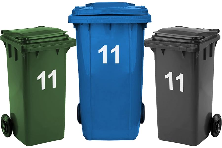 Rubigo 3 x Bin Numbers for Wheelie Bins, 0-99, Letters A-D, 17.5cm Dustbin Stickers, Easy Application Stick On Number Stickers - Weatherproof Self Adhesive Vinyl (11)