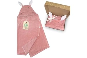 DIKOS® poncho de baño para bebé y niña rosa antiguo 70x140 cm | toalla 2 en 1 con capucha de conejito, broches, crece con ella | algodón orgánico rizo/velour, suave y absorbente | regalo de nacimiento