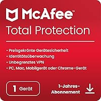 McAfee Total Protection 2024 | 1 Gerät | Virenschutz- und Internet-Sicherheitssoftware | inkl. Unlimited VPN und Dark Web-Übe