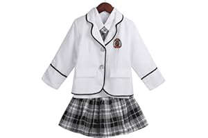 TiaoBug Ensemble Ecole Enfant Fille Déguisement Écolière Uniforme Scolaire Chemise à Manche Longue Veston et Jupe à Carreaux et Cravate Costume Halloween Carnaval 4-12 Ans