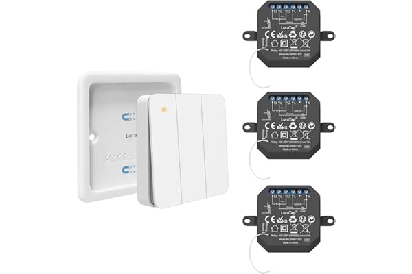 LoraTap Kit Interrupteur Sans Fil, Portée 200 m, Radio 868 MHz, Va-et-vient, Télécommande On/Off pour Éclairage, 3 Canaux, Pour Modernisation