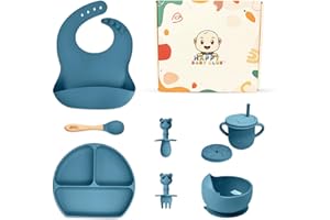 Happy Baby Club Blue Silicone Baby Feeding Set - Complete Baby Weaning Set for Expecting Moms and New Parents | Gift Set for Family and Friends | Including a Bib, Bowl, Plate, Cup, Spoon and Fork