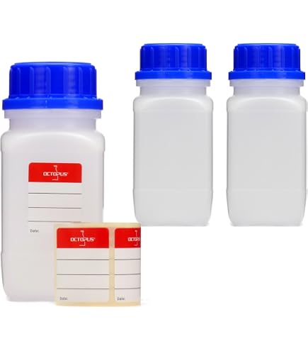 3x 250 Ml Weithalsflaschen Aus HDPE Mit Schraubverschluss – Laborfest, UN-geprüft, Mit Etiketten