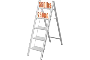 JOISCOPE Escalera Plana de 5 peldaños, Plegable fácil de almacenar, Escalera Ancha de Aluminio con Estera de Goma Antideslizante, Carga Máxima 550lb Apta para Todas Las escenas de la Vida, Blanco
