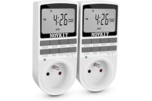 NOVKIT Programmateur Prise Électrique et Digitale, Minuterie Prise Numérique à 10 Programmes Journaliers Hebdomadaires avec Mode Anti-vol et Grand LCD écran, Économiser Électricité (Paquet de 2)