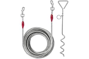PETOPEDIA 30ft (9m) Dog Tie Out Cable with 16" (40cm) Heavy Duty Steel Spiral Ground Spike Stake Dog Chains for Outside Tether, Camping Lead Hook Leash (9 metre)