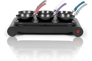 ‎BMF-VERSAND bmf-versand® 3in1 Party Mini-Wok-Set Raclette 6 Personen - Tischgrill Crepes Pancakes mit 6 bunten Pfännchen Löffel und Holz-Spatel - Elektrogrill Tischgrill Starke 1000 W und Antihaftbeschichtung