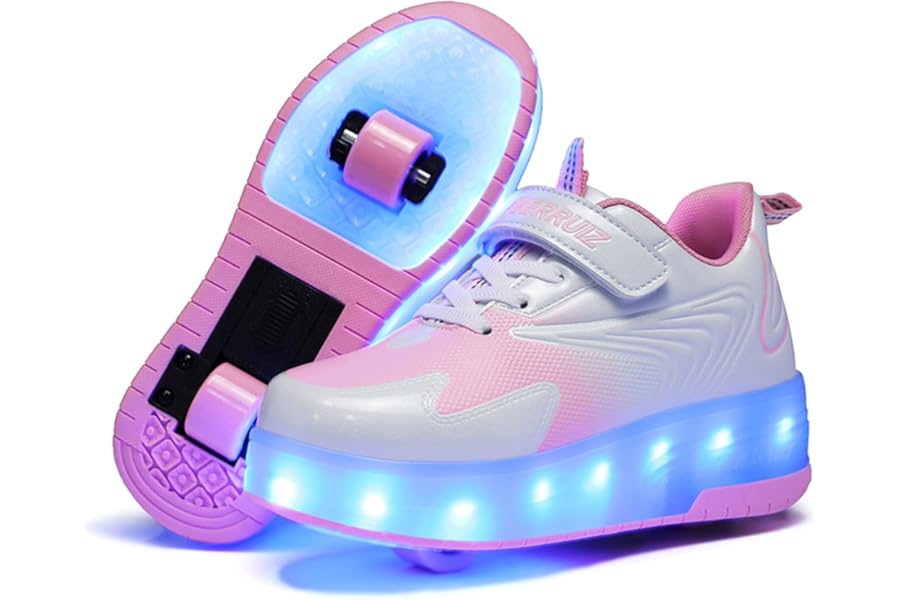 Unisex Kids LED USB Rechargeable Colorful Lights Trainer Roller Skates Shoes with Double Wheels Retractable Lightweight Outdoor Sports Cross Trainers Gymnastic Running Sneakers for Boys Girls