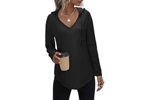 FemiChic Felpa Donna con Cappuccio a Manica Lunga Elegante Pullover Autunno Casual Camicia Scollo V Classica Tinta Unita Felpe Leggera Sportiva Hoodie