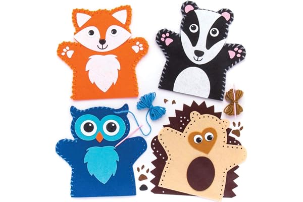 Baker Ross Kits de Couture marionnettes Animaux de la forêt (Lot de 4), Loisirs créatifs pour Enfants