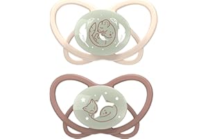 nip - Butterfly Night | 5-18 Monate | 2er Pack | Stillfreundlicher, zahnfreundlicher Babyschnuller mit Leuchtknopf inkl. Schnullerbox. Nachhaltiger Schnuller mit weichem Silikonsauger, Beige/Taupe