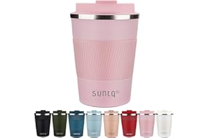 SUNTQ Kaffeebecher to go Thermo aus Edelstahl - Thermobecher mit Gummierte Manschette Doppelwand Isoliert - Kaffeetasse mit Auslaufsicherem Deckel Wiederverwendbar, Rosa 380ml