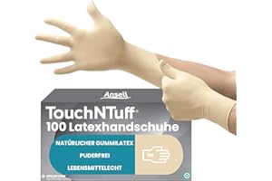Ansell TouchNTuff 69-318 Latex Einweghandschuhe Puderfrei, Professionelle Schutzhandschuhe mit Texturierte Fingerspitzen, Lebensmittel Einmalhandschuhe, Weiß, Größe M (100 Handschuhe)