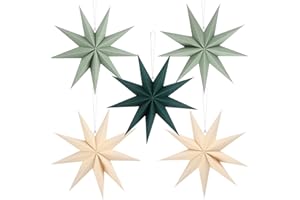 BestoFun 5 PCS Sage Green Paper Star Beige Lanterns Hanging Dark Green Stars Cream Christmas Party Decorations Hanging Lampshade Christmas Wedding Birthday Christmas Home Party Decorations(12 Inch)