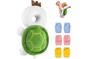 OKYDOKY Protector de cabeza de bebé y rodilleras para gatear, almohadilla de seguridad para la cabeza de los niños pequeños, mochila ajustable, para edades de 5 a 24 meses (tortuga, 1 + 3 N)