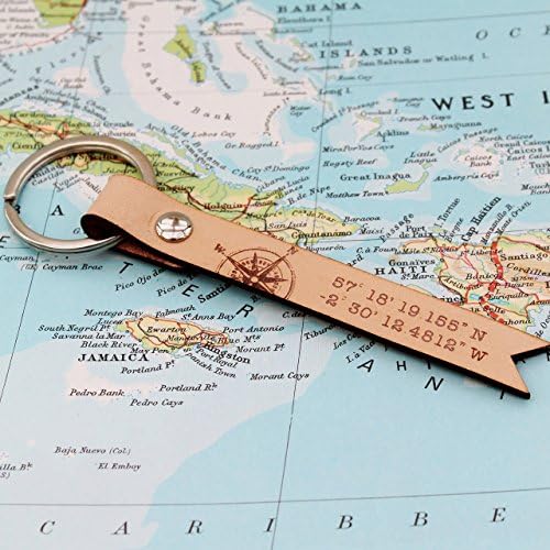 Custom GPS Coordinate Leather Keyring with Longitude and Latitude